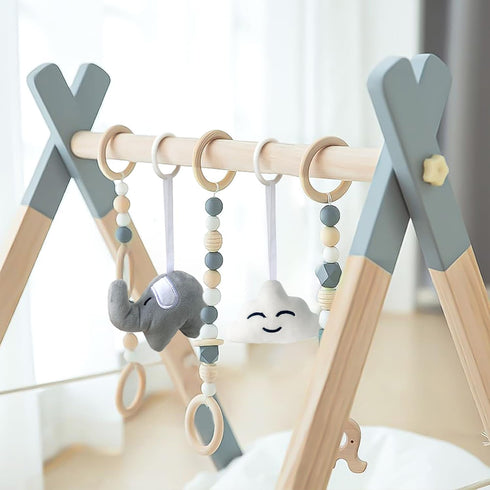 5 Wooden Baby Play Gym Foldable Gym Frame Activity Gym Hanging Bar with Toys Natural for Newborn Baby (Foldable Grey)