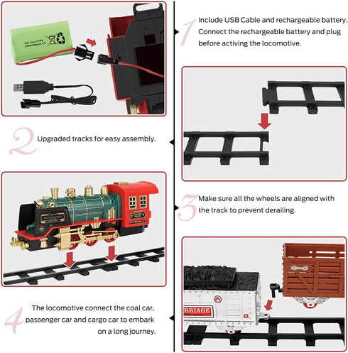 Mini Tudou Christmas Electric Train Set w/Steam, Sound & Light, Remote Control Train Toys with Steam Locomotive Engine,