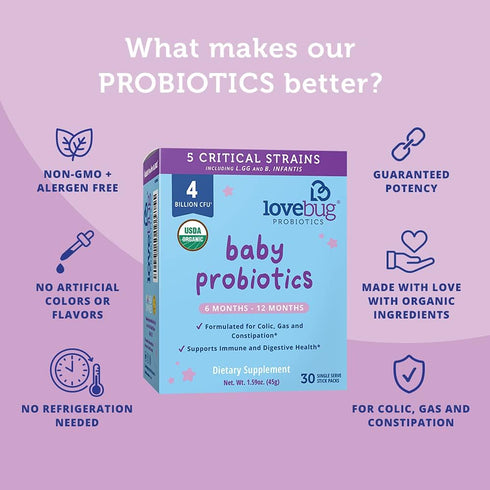 Lovebug Award Winning USDA Organic Probiotic for Babies | Multi-Strain 4 Billion CFU | Easy-to-Take Powder | 60 Packets