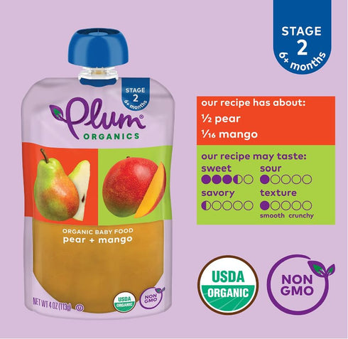 6+ 4 oz (Pack 12) Plum Organics - Months Organic Baby Food Pouches - Pear & Mango - Non-GMO - Fruit & Veggie Blends