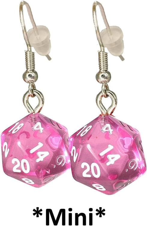 *Miniature* d20 Mini Dice Translucent Earrings (Pink)
