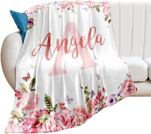 32x48 inches, Yoke Style Personalized Flannel Swaddle Blanket for Girls, Custom Baby Blanket with Name, Newborn Gifts