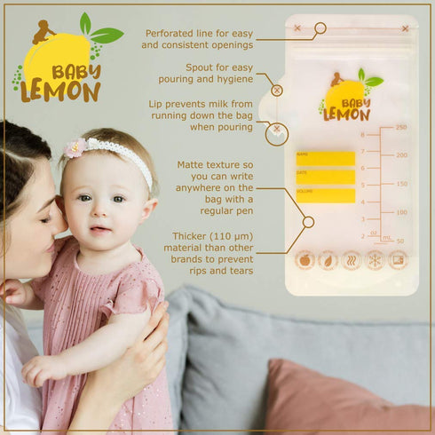 8 oz, 100 Baby Lemon Breast Milk Storage Bags with Spout - Bags, Extra Thick, Leak Proof, Pre-sterilized, Ready to Use