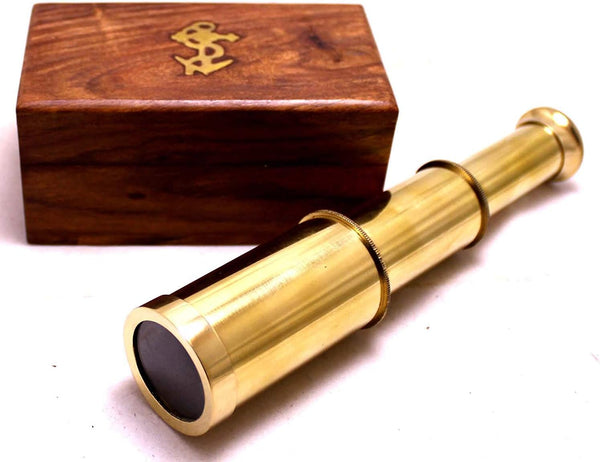 Captains 6" Brass Handheld Mini Telescope with Wooden Box