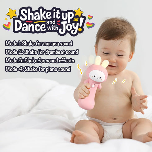 VKTEN 3-24 Bunny Baby Rattle Toy with Light & Sound Interactive Teething & Sensory Toy Ideal Easter Basket Stuffer