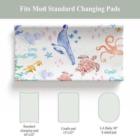 ZoUbqchY 32''16'' Colorful Ocean Animals Changing Pad Covers for Baby Girls Boys Whale Turtle Jellyfish Sea Horse