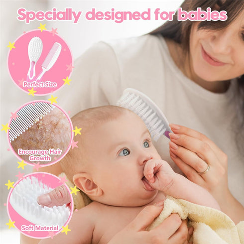 Little Angel Sets, Baby Hair Brush and Comb New Born Baby Hair Brushes, Perfect Baby Registry Gift for Newborns(Pink)