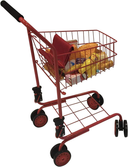 The New York Doll Collection Toy Shopping Cart for Kids - Includes Food, Folds for Easy Storage, Red