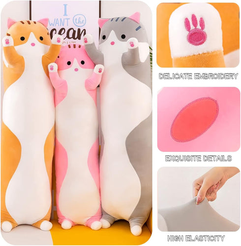 Giant Cat Pillow Plush Cartoon Kitty Sleeping Hugging Pillow, Soft Long Kitten Body Doll Cushion Toy for Kids