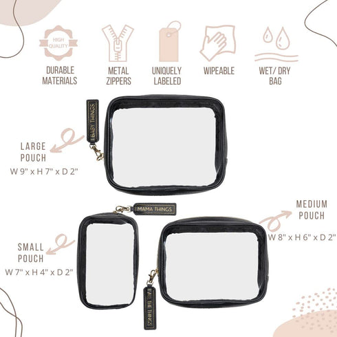 Set 3 Lucky Love Diaper Bag Organizing Pouches | of Including Diaper Clutch | Dry Wet Bag (Black Clear Trio Pouches