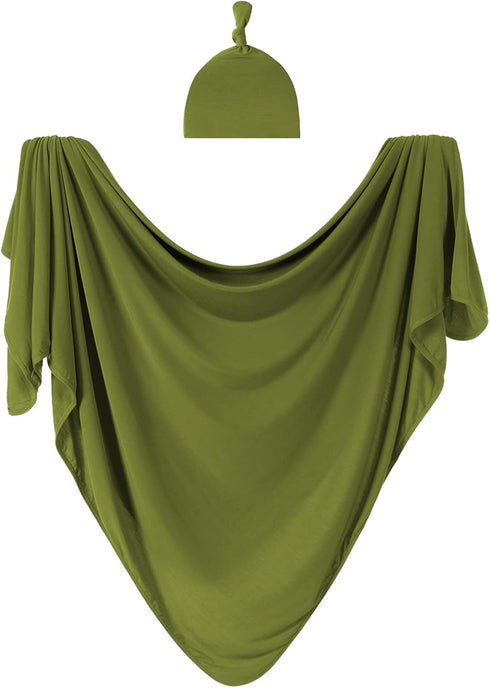 Large Jersey Knitted Swaddle Blanket for Baby, Soft Stretchy Receiving Blanket with Hat, 47 x 47 inches (Olive) BY001