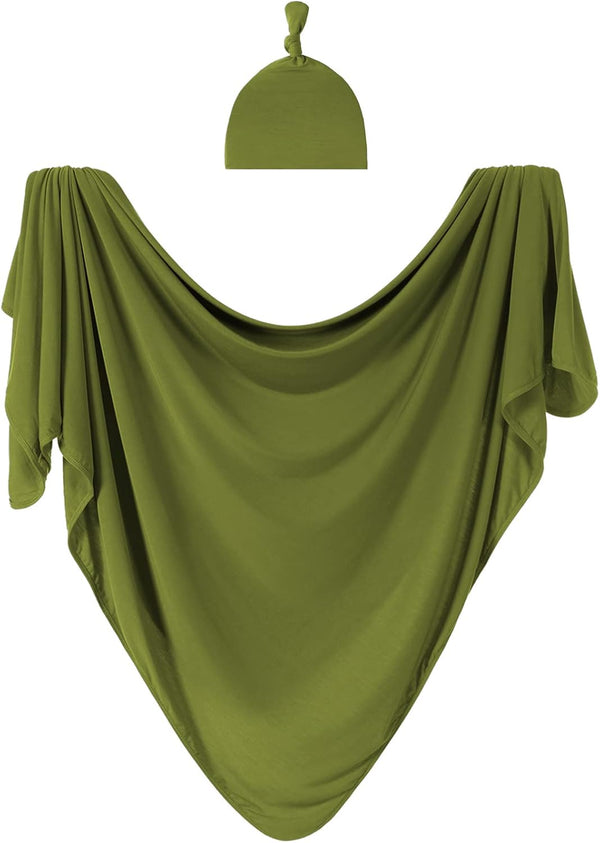 Large Jersey Knitted Swaddle Blanket for Baby, Soft Stretchy Receiving Blanket with Hat, 47 x 47 inches (Olive) BY001
