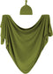 Large Jersey Knitted Swaddle Blanket for Baby, Soft Stretchy Receiving Blanket with Hat, 47 x 47 inches (Olive) BY001