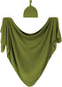 Large Jersey Knitted Swaddle Blanket for Baby, Soft Stretchy Receiving Blanket with Hat, 47 x 47 inches (Olive) BY001
