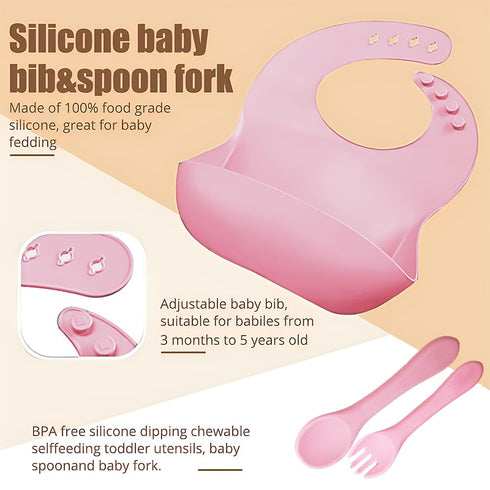 Set,Miicasa 3+ Silicone Baby Feeding Baby Led Weaning Supplies Kit With Suction Bowl & Car Plate, Bib, Spoon, Fork, Cup
