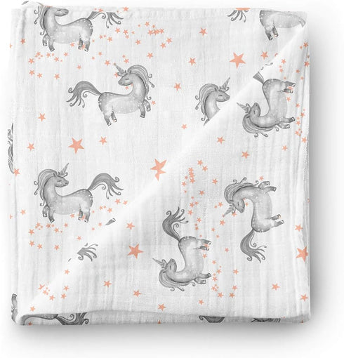Aenne Baby Muslin Swaddle Blanket for Boys & Girls, Luxurious Wrap, Dancing Unicorns and Stars, 47"x47"