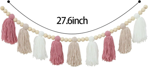 Charming Pink Bohemian Yarn Tassel Garland with Wooden Beads for Nursery and Baby Shower Decor