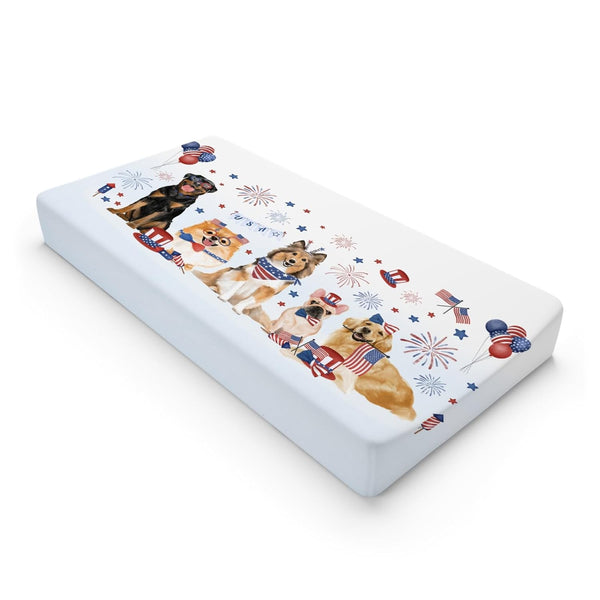 Independence Day Dogs American Flags Changing Pad Covers, July 4th Diaper Change Table Sheets for Boys Girls, 32''x16''