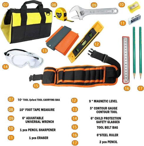 QeeHeng Set, Set Hammer, Kids Tool Kids Real Tool with Tools Bag, Tools Belt, Screwdrivers, DIY Building Woodworking