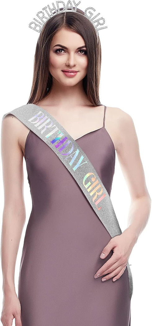WILLBOND Glitter Birthday Sash, Tiara and Rhinestone Headband Set - Cake Topper Birthday Accessories (Silver Color)