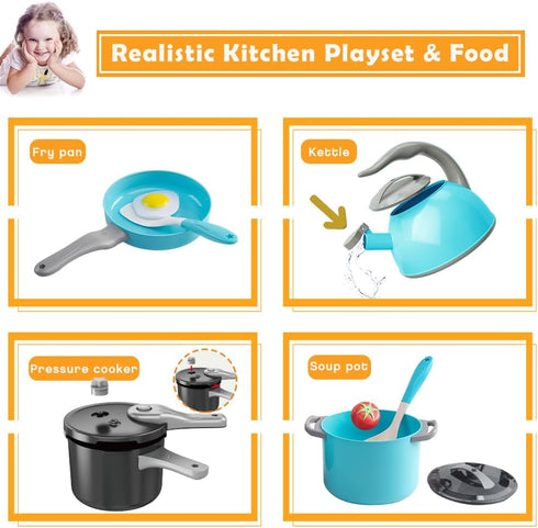 Bruvoalon 32Pcs Kids Play Kitchen Toy Set, Pretend Cooking Accessories with Pots, Pans, and Foods for Girls Boys