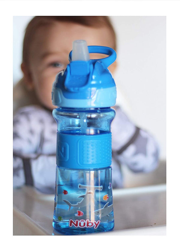 Nuby Thirsty Kids Push Button Flip-it Soft Spout Water Bottle, Easy Grip Band, Blue Sharks, 12 Oz
