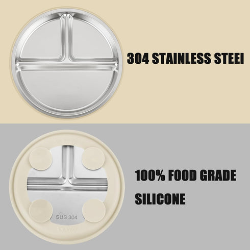 3 Pack Set PandaEar Stainless Steel Baby Suction Plates, Divided Toddler Plate for Baby Led Weaning Supplies, Non-Slip