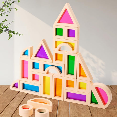 Wooden Rainbow Blocks, Acrylic Blocks, Colorful Preschool Learning Educational Toys for Toddlers (25 PCS)