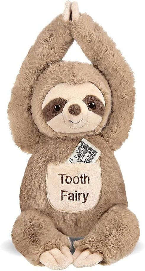 Bearington 12 inch Tooth Fairy Door Hanger - Lil' Sammy Sloth Tooth Holder Doll with Tooth Pocket Pouch
