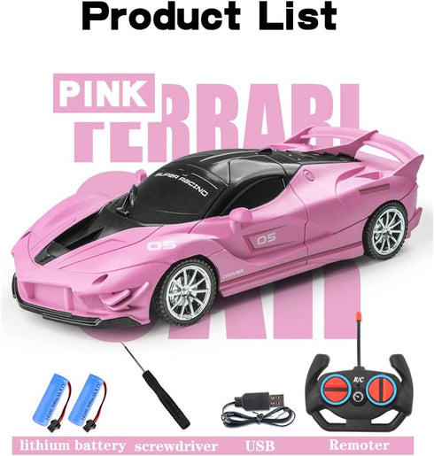 Remote Control Car - Pink RC Cars for Girls - Rechargeable Racing Vehicle Toy with LED Headlight for Kids Age 3+