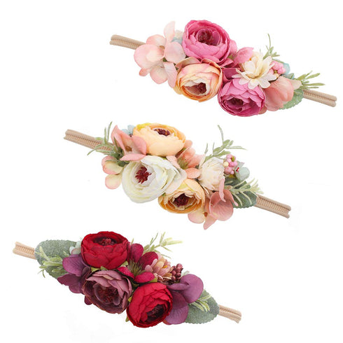 Baby Girl Floral Headbands, 3pcs Nylon Handmade Flower Crown Elastic Hairband for Newborn Toddler Hair Accessories