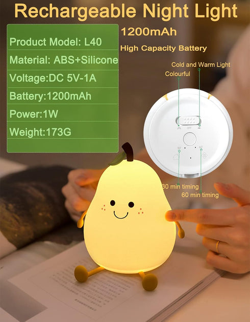 Kids,Dimmable HAPPYBAG Cute Silicone Night Light for Nursery Pear Lamps,Kawaii Room Decor Fruit Night Light Bedside