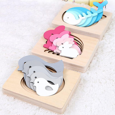 Kid Wooden Puzzles, Multi-Layered Gradient Whale Animal Puzzles, Cartoon 3D Jigsaw Brain Teaser Toys