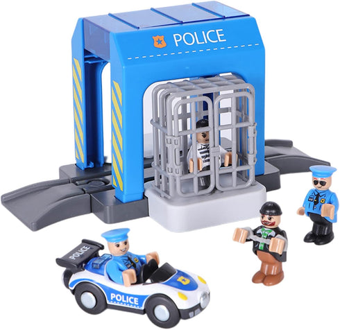 Police Station Playset Toy for Wooden Train Track, Creative City Scenes for Toddlers