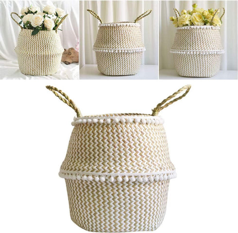 NUOBESTY Natural Round Seagrass Belly Basket with Handles for Storage, Nursery, Laundry, Picnic, and Toy Storage
