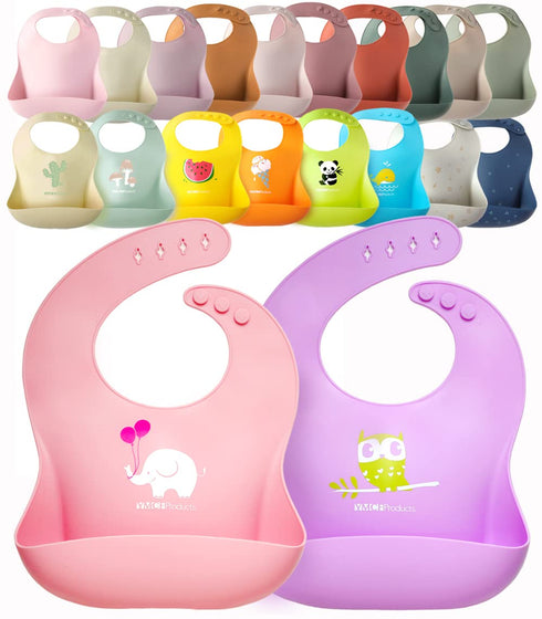 2-Pack Lightweight Waterproof Silicone Baby Bib, Comfortable Easy-Wipe Clean (Purple/Light Pink, Large)