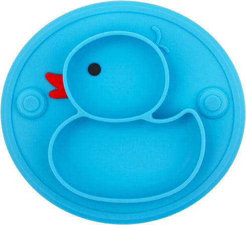 Baby Divided Plate Silicone - Portable Non Slip Feeding Plate with Suction Cup for Kids, BPA Free (Duck-Blue)
