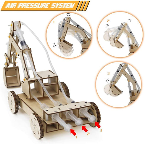 Mini Tudou 3D Wooden Construction Excavator Vehicle Toys Set, STEM Science Kit with Air Pressure System to Build A Wood Excavator Model Including 3 Replaceable Gripper & Digger for Kids Boys Girls