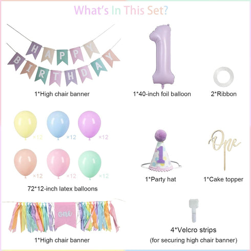 Bapukzy Set 1 First Birthday Decorations for Girl - Complete Party with High Chair Banner, Party Hat, Number Balloon