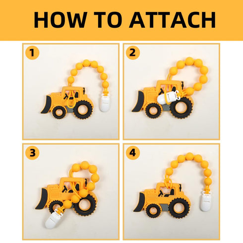 Set 3 (Bulldozer) Baby Food Grade Silicone Carrier Vehicle Teether Toy with Pacifier Clip Holder,Teething Toys Gift