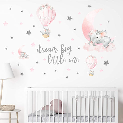 Yovkky Girls Sleeping Elephant Dream Big Nursery Wall Decals, Watercolor Pink Moon Hot Air Balloon Grey Star Decor