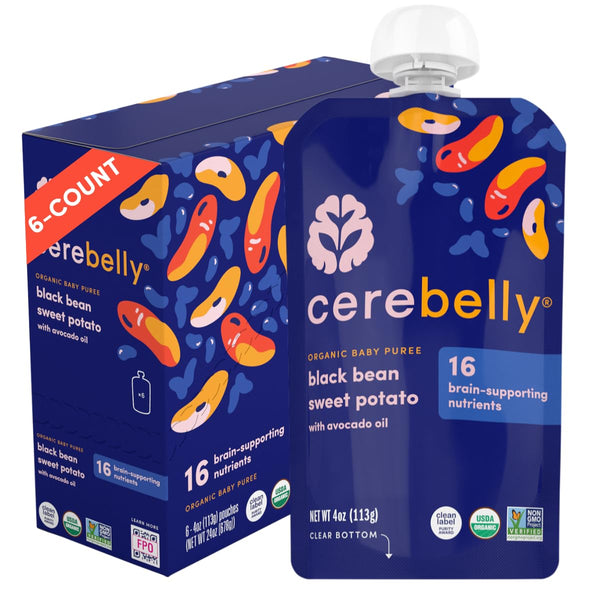 Cerebelly Baby Food Pouches – Organic Black Bean Sweet Potato with Avocado & Tomato (4 oz, Pack of 6) - Toddler Snacks