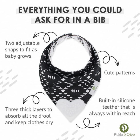 Pickle & Olive Reversible Baby Teething Bibs, Attached Heart Shaped Teether, Monochrome, Set of 2
