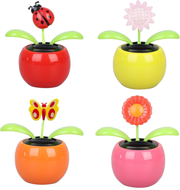 4 Solar Dancing Sunflower Toy and Solar Powered Dancing Ladybug in Colorful Pots for Window Decor