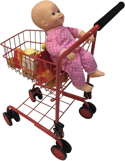 The New York Doll Collection Toy Shopping Cart for Kids - Includes Food, Folds for Easy Storage, Red
