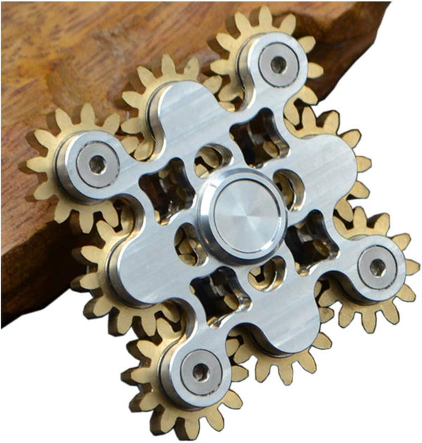 Pure Brass Fidget Spinner, Gears Linkage Toy for Focus Meditation, EDC, ADHD, 9 Gears, White