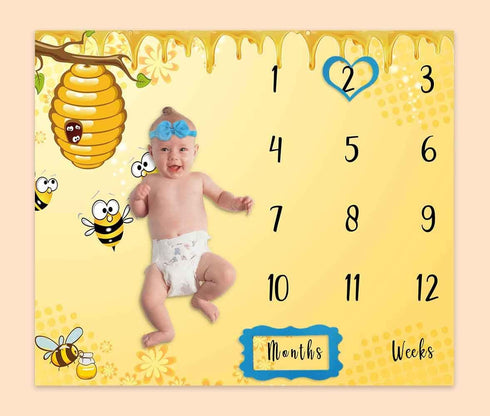 Baby Age Milestone Blanket, Bee Honeycomb Growth Chart for Nursery, 1-12 Months, Includes 4 Frame and 1 Headband 47"x40"