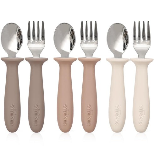 6 Pieces Toddler Utensils Set, Children Silverware with Silicone Handle, Safe Spoons and Forks, Dishwasher Safe