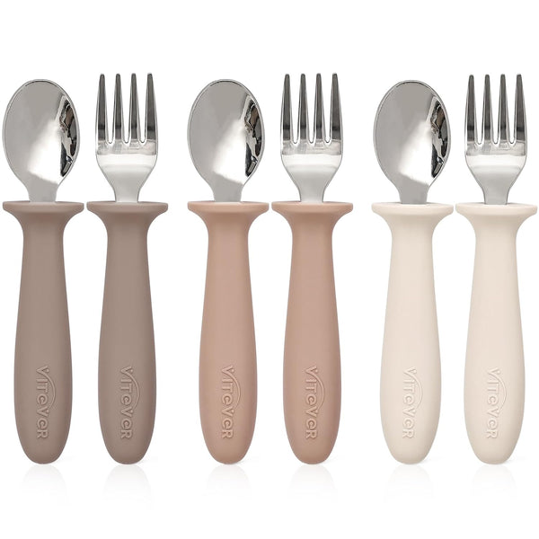 6 Pieces Toddler Utensils Set, Children Silverware with Silicone Handle, Safe Spoons and Forks, Dishwasher Safe