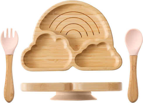 Bamboo Suction Plate for Baby Kid Toddler Plate Spoon Fork Set with